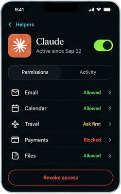Permissions for Claude, active since September 12, switched on. Email allowed, Calendar allowed, Travel ask first, Payments blocked, and Files allowed. Revoke access button.