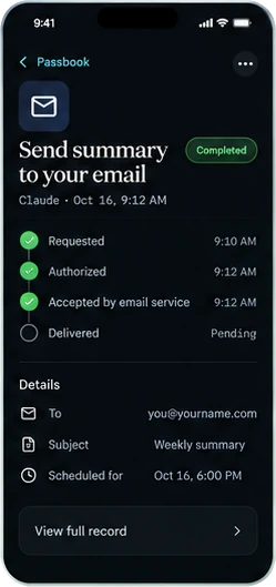 Passbook entry for Send summary to your email from Claude, October 16 at 9:12 AM. Requested 9:10 AM, authorized 9:12 AM, accepted by email service 9:12 AM, delivered pending. Details list the address, the subject Weekly summary, and the scheduled time October 16 at 6:00 PM.